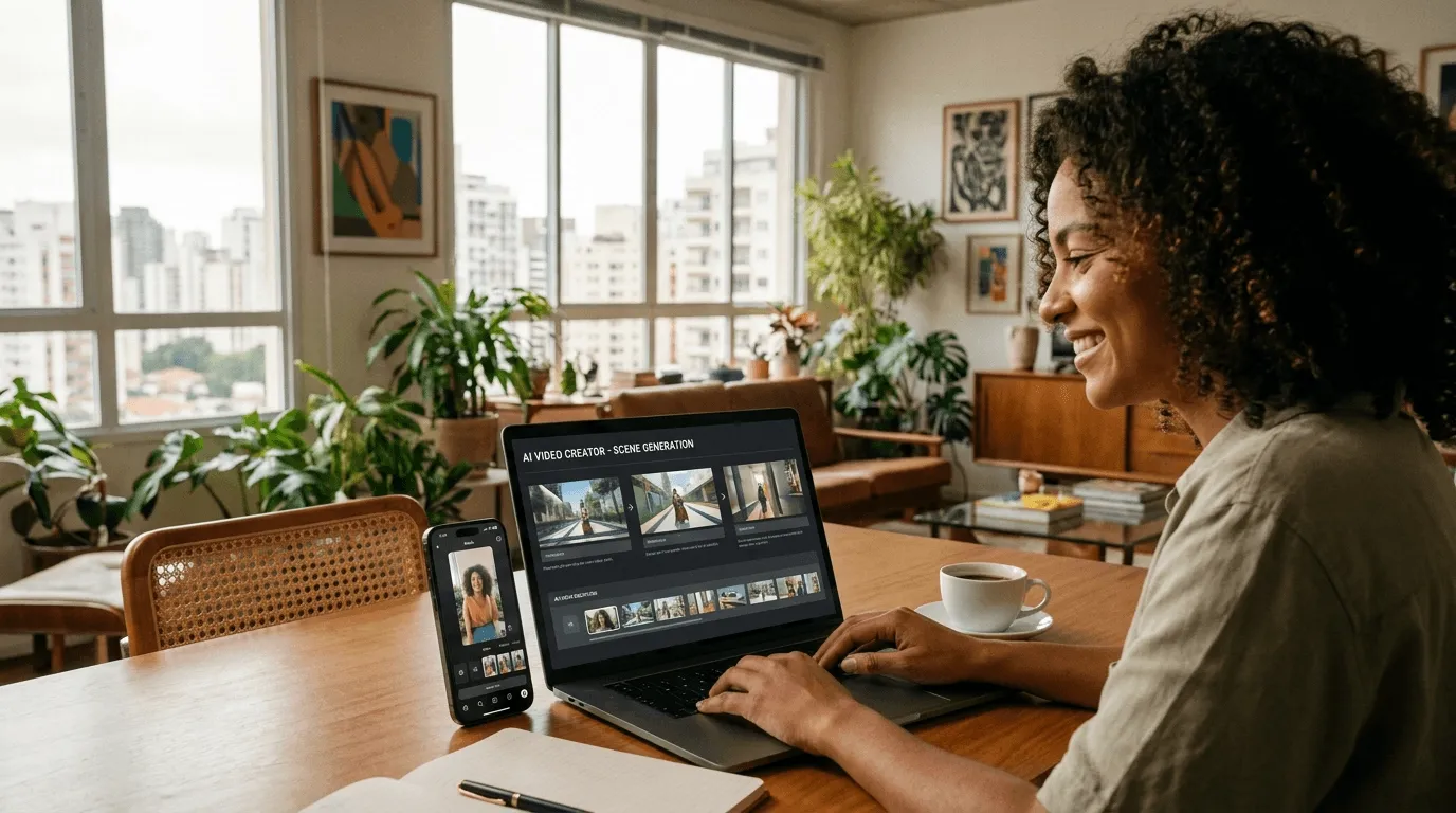 Criadora brasileira editando vídeo narrativo com IA no Pollo AI