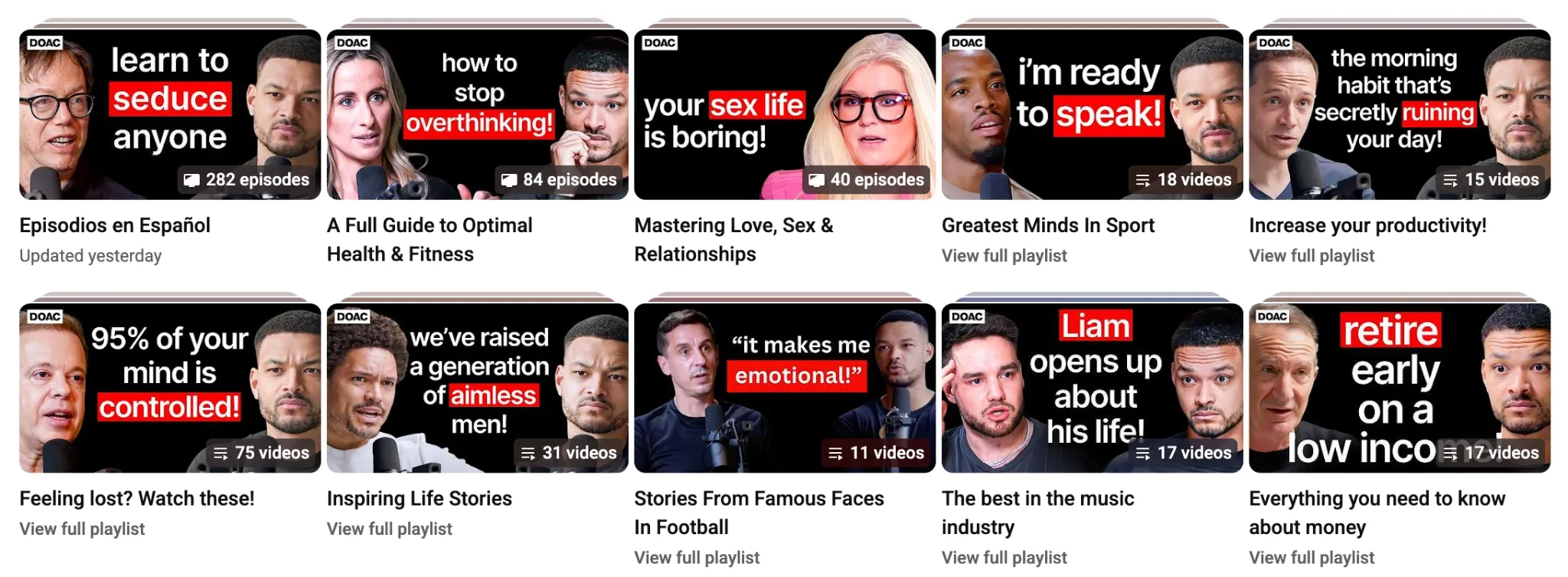 A collage of video playlists covering various topics like relationships, productivity, and personal growth.