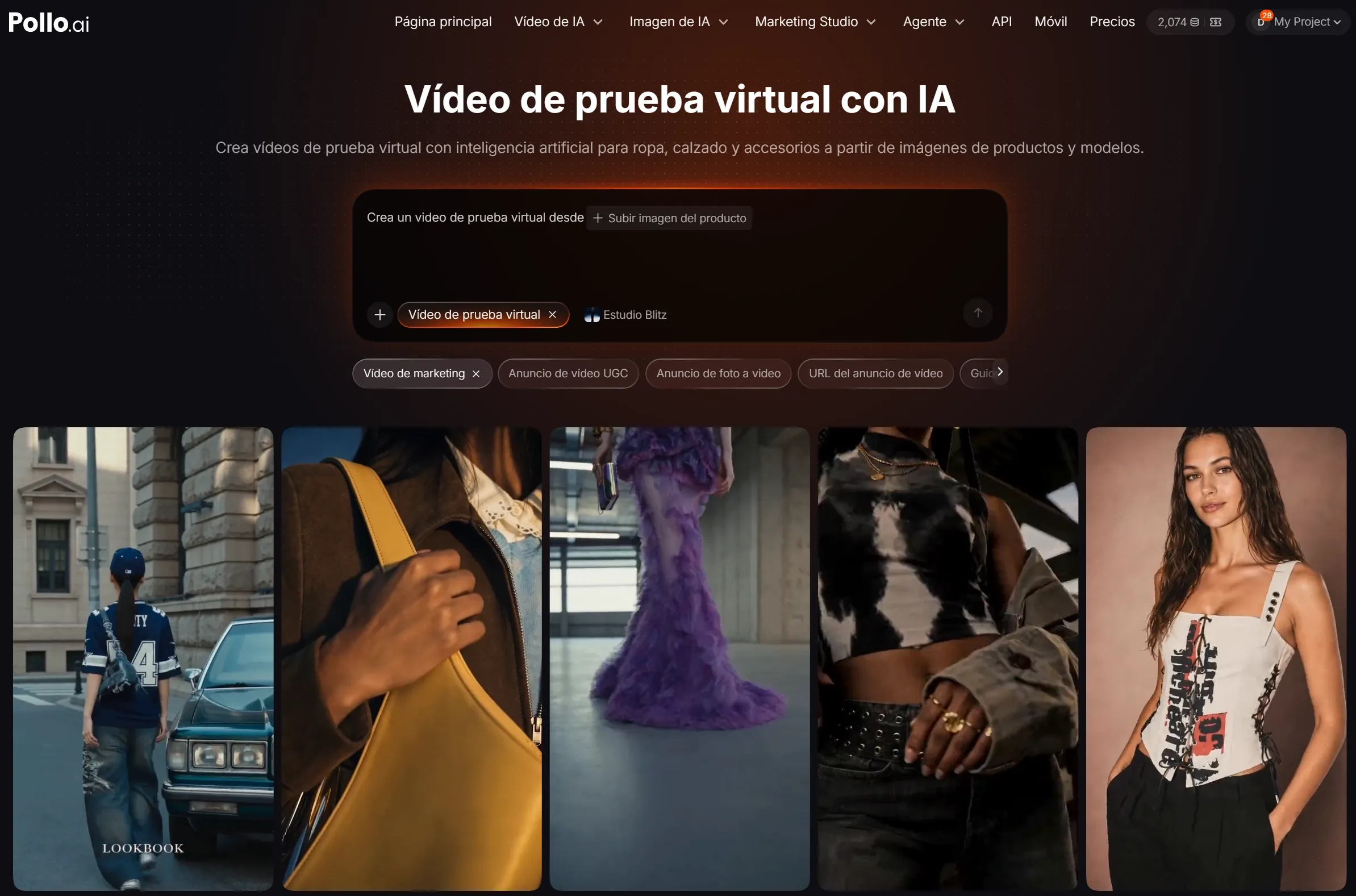 Interfaz de un sitio web para crear videos de prueba virtual con IA.