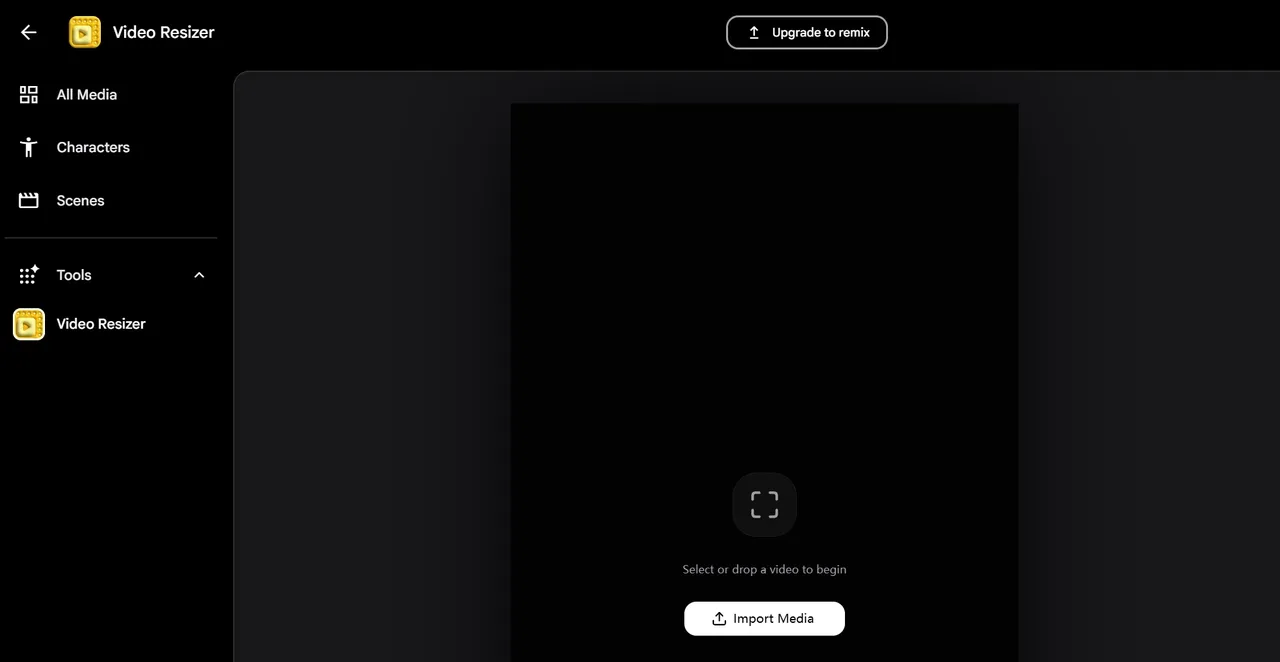 Benutzeroberfläche eines Video-Resizer-Tools mit Optionen zum Importieren von Medien.