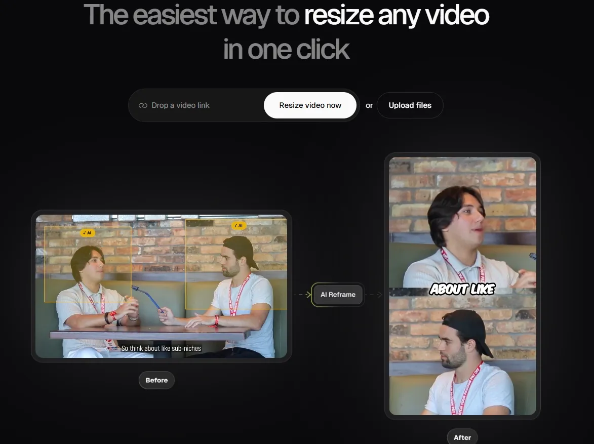 Interface showing video resizing tool with before and after frames.