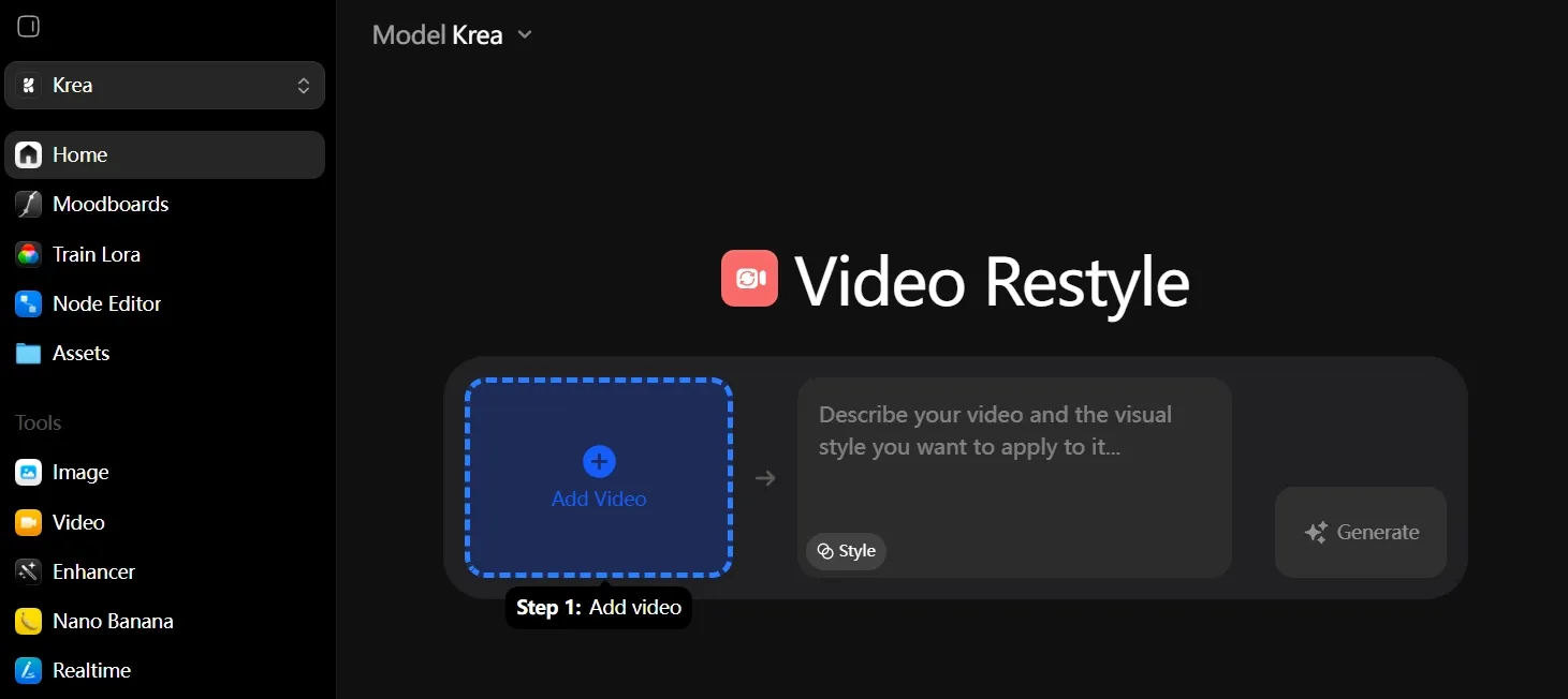 User interface for a video restyling tool with options to add video and describe styles.