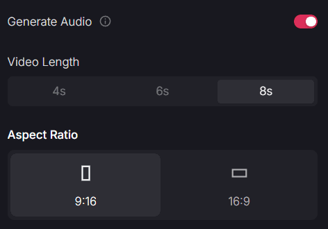 Video generation settings interface showing audio toggle, video length options, and aspect ratio selection