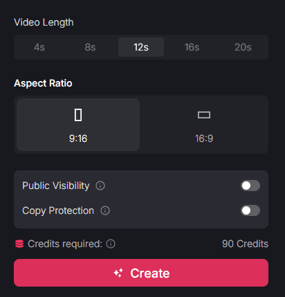 Interface de configurações de criação de vídeo por IA com opções de duração de vídeo estendidas (4s, 8s, 12s, 16s, 20s), proporção de 9:16 selecionada, visibilidade pública e alternância de proteção contra cópia ativadas, mostrando 90 créditos necessários