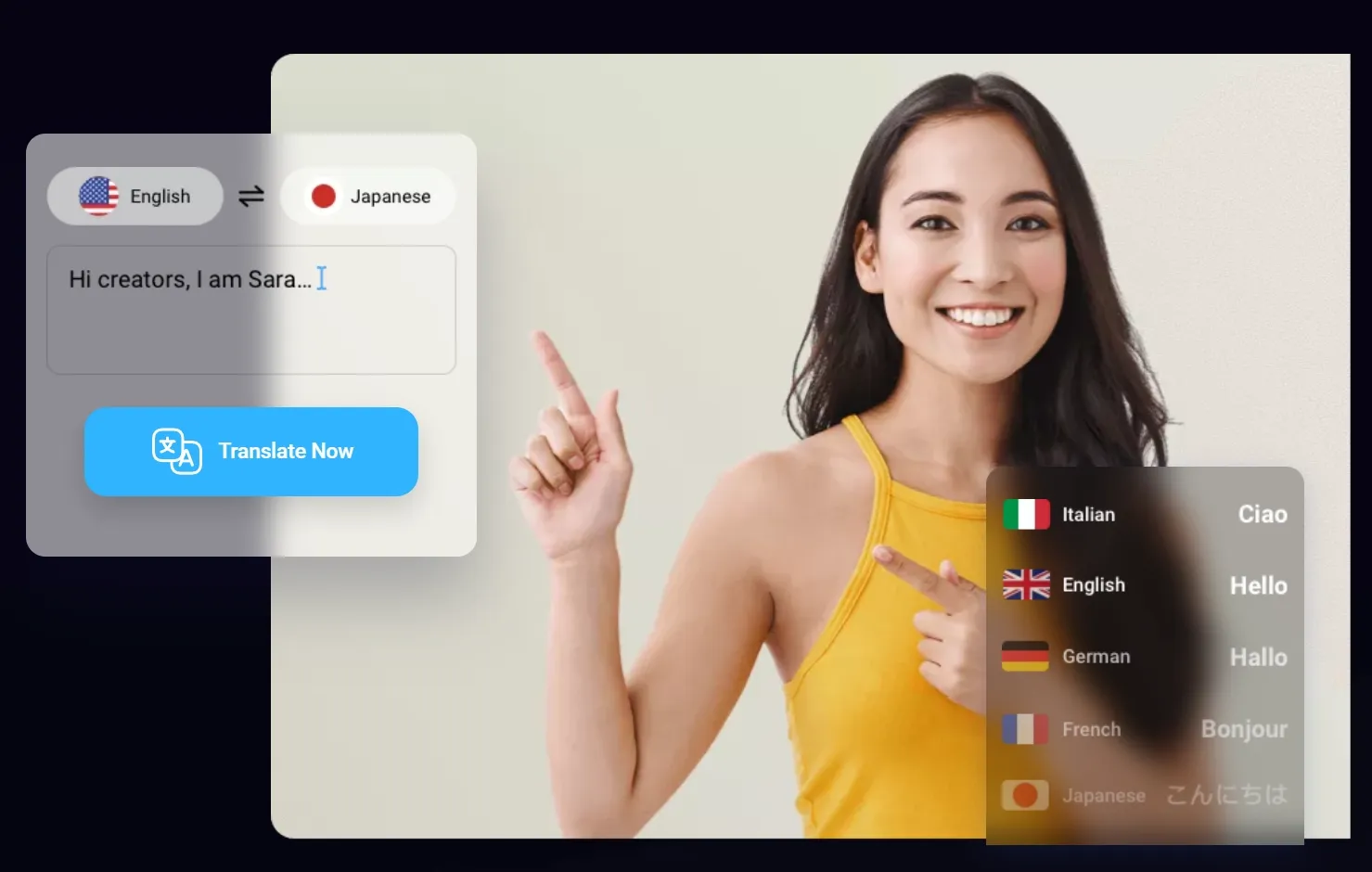 A video translation interface showing language options beside a presenter