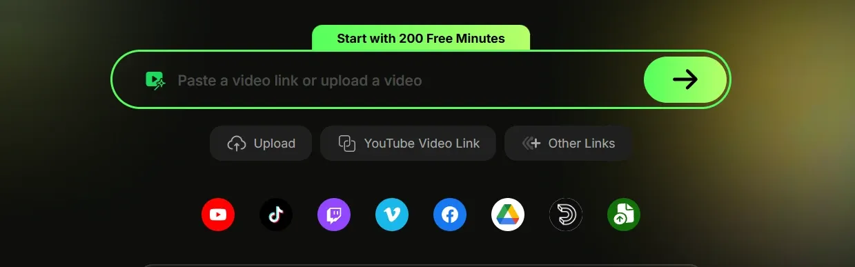 Video upload interface supporting link pasting and file upload, integrated with YouTube, TikTok, and other major platforms