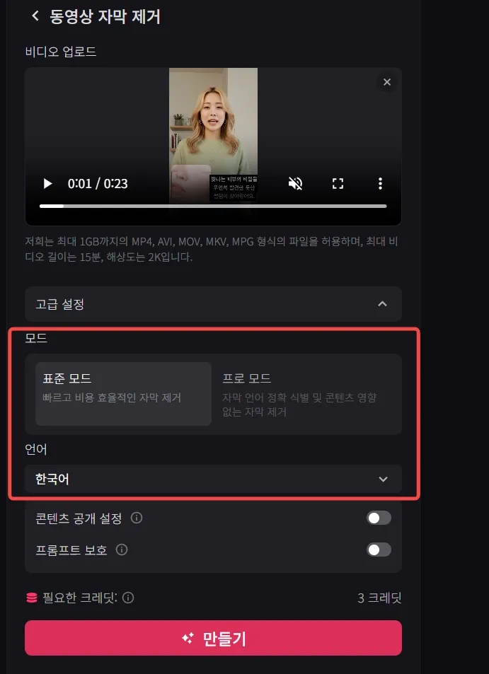 비디오 업로드 설정 화면과 자막 옵션 설명