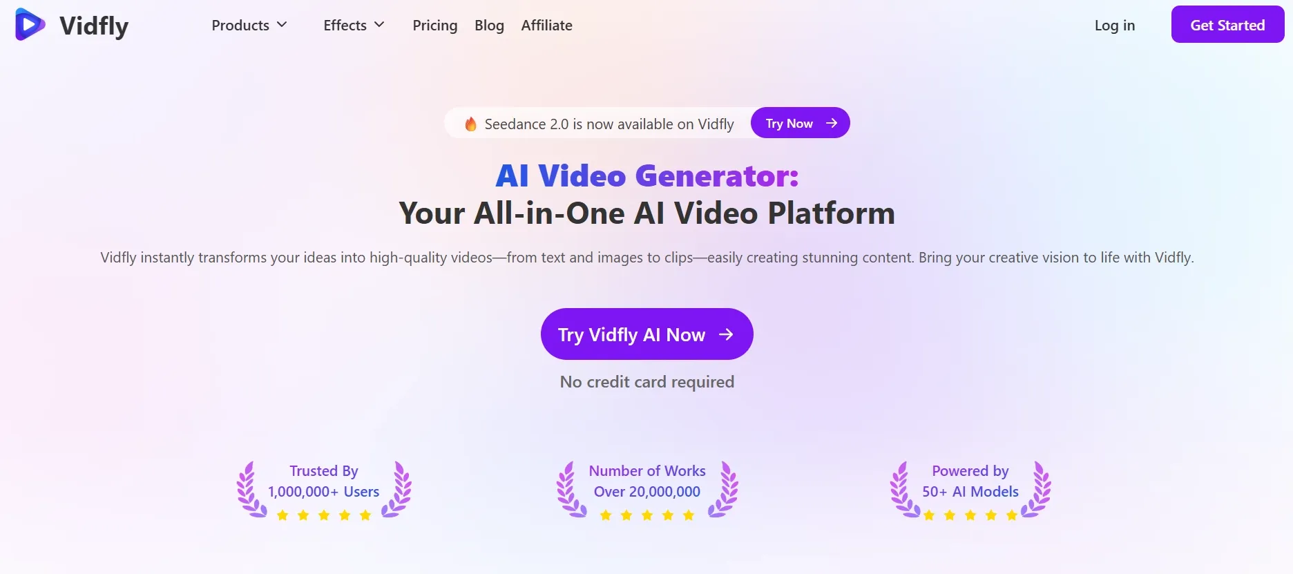 Pagina iniziale di Vidfly che mostra un generatore di video basato sull'intelligenza artificiale e un pulsante di invito all'azione.
