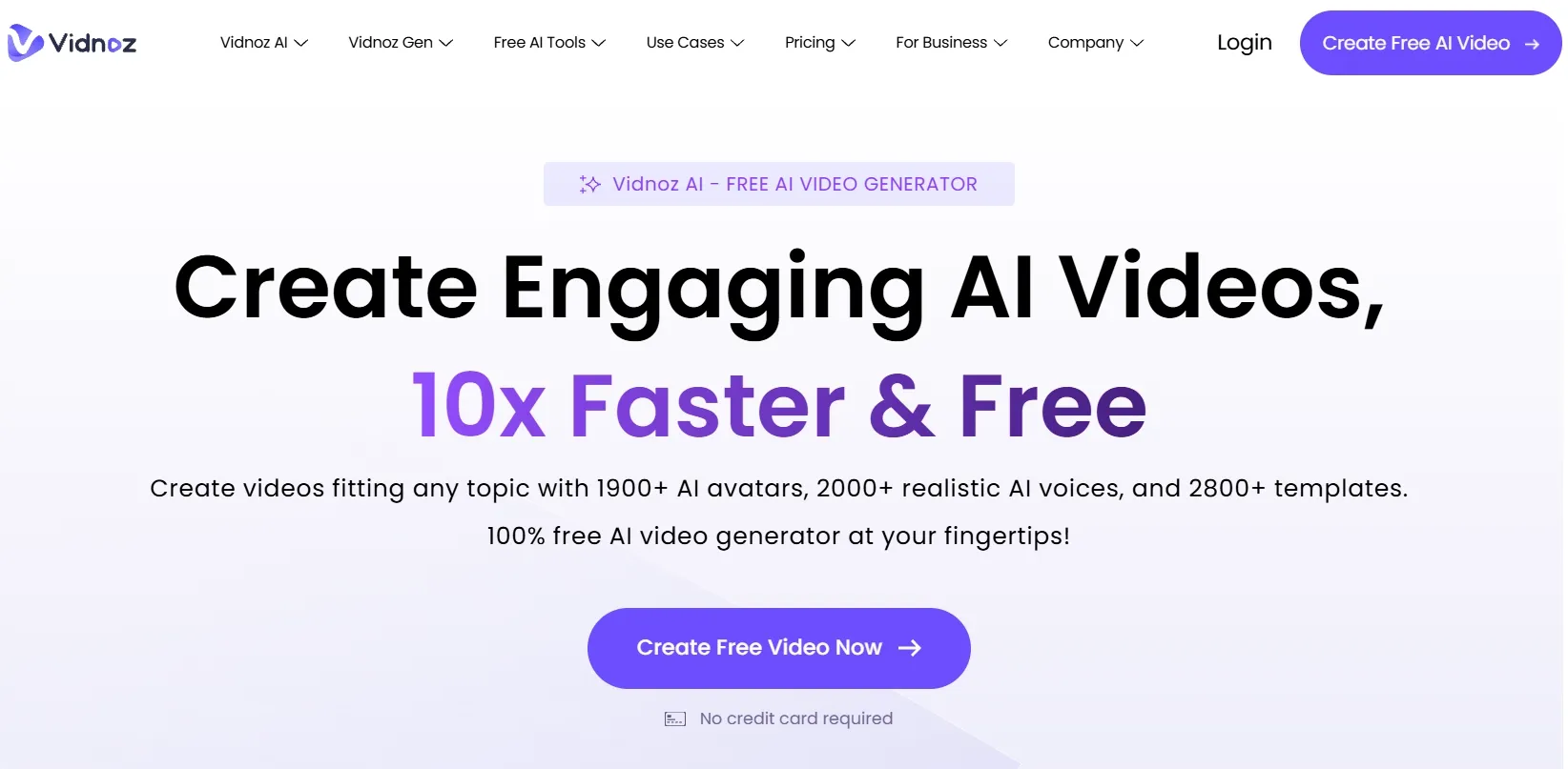 Promotional banner for Vidnoz AI video generator with features and call to action.