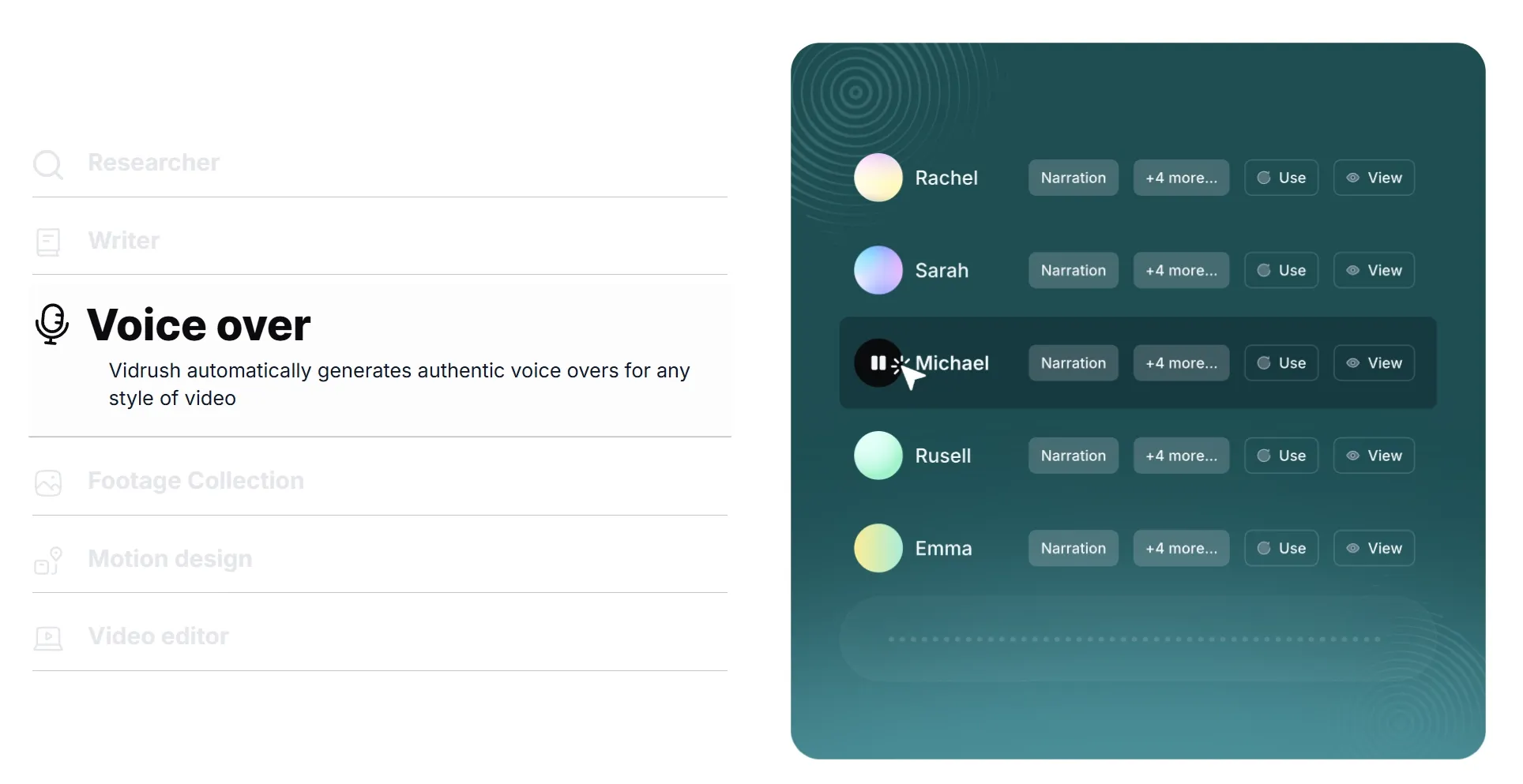 Vidrush-pagina voor AI-gestuurde voice-overgeneratie