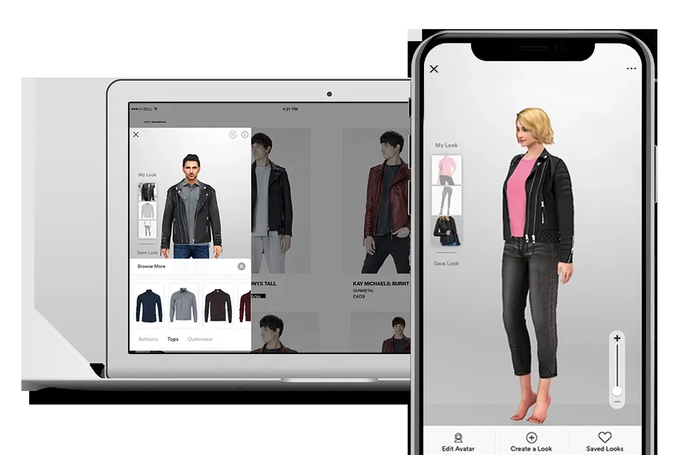 Eine virtuelle Mode-App, die Outfits auf Laptop und Smartphone anzeigt.