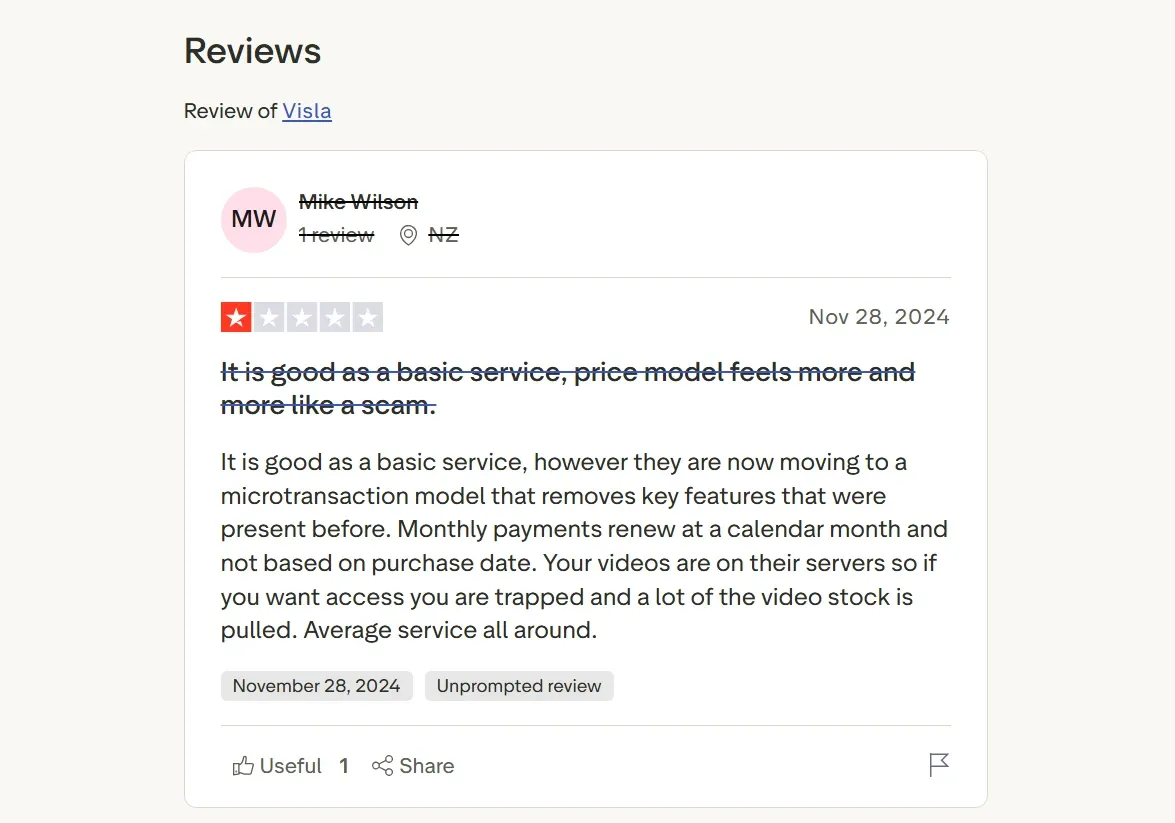 Capture d'écran d'un avis utilisateur négatif d'une étoile critiquant le modèle de tarification et les problèmes de service de l'éditeur vidéo Visla