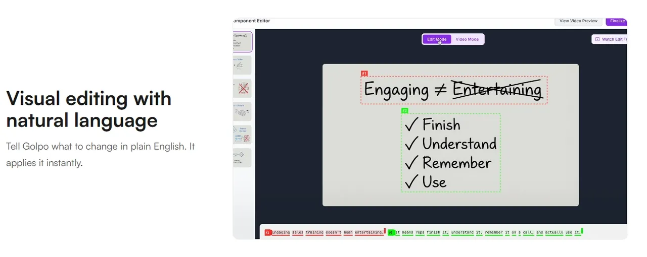 A visual editor showing text changes and checklist items in a digital interface.