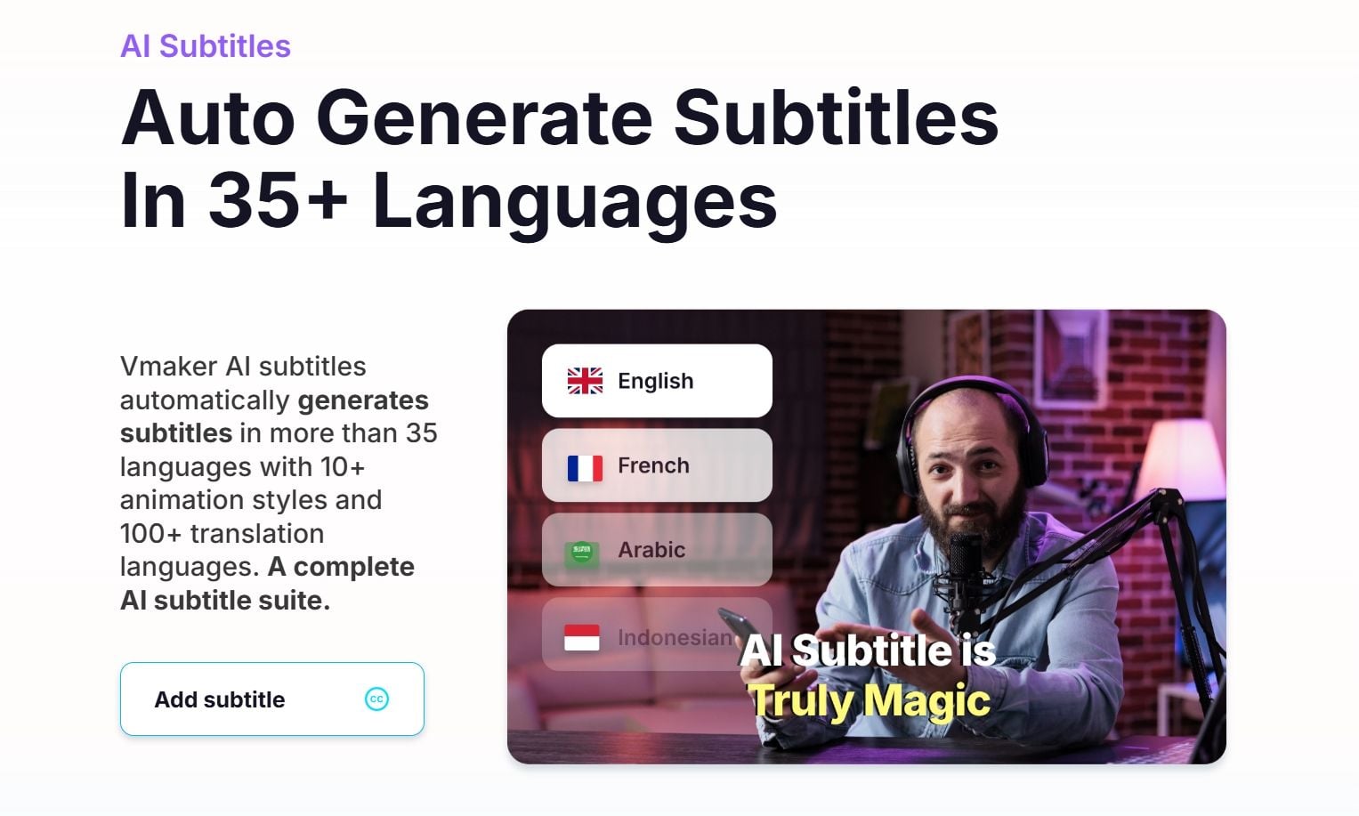AI subtitle tool UI, multi-language feature preview.