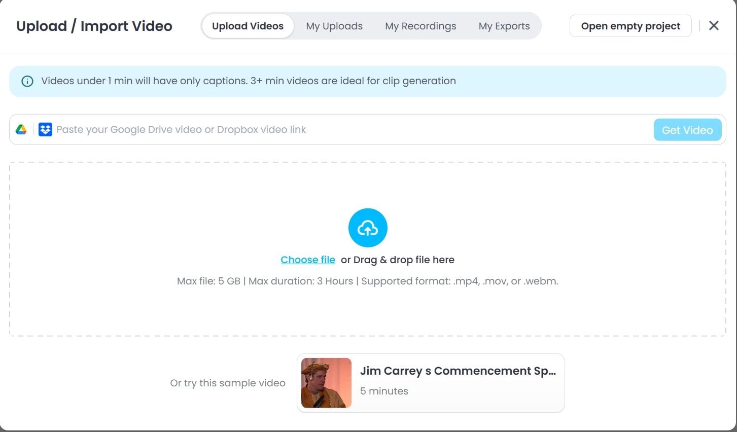 Video upload interface, web tool screenshot.
