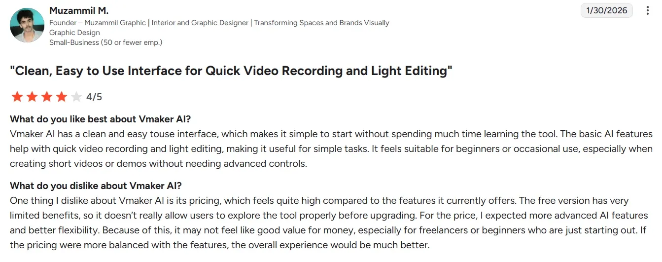 Real user feedback of vmaker.