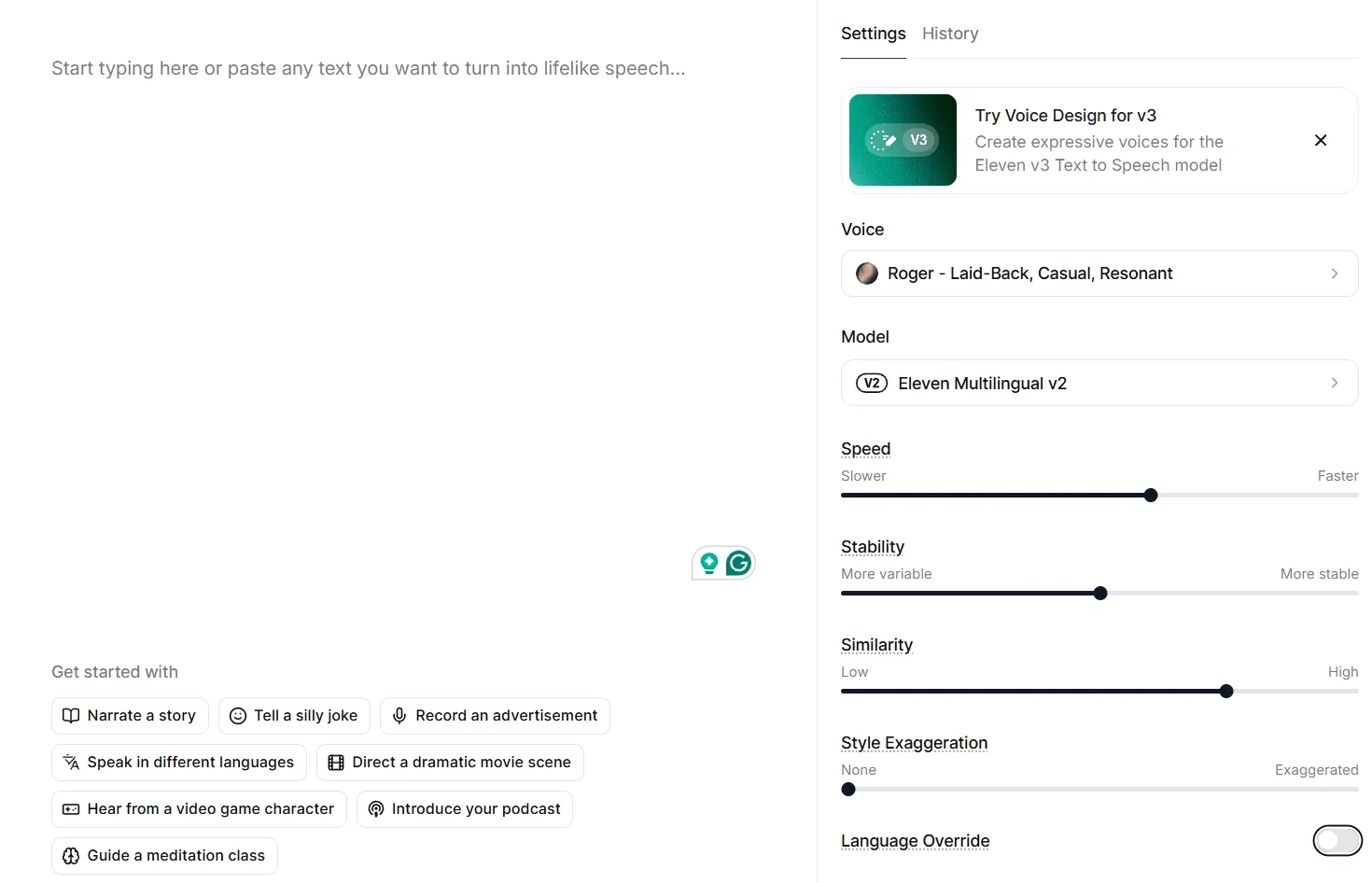 Voice settings panel with multilingual model and controls