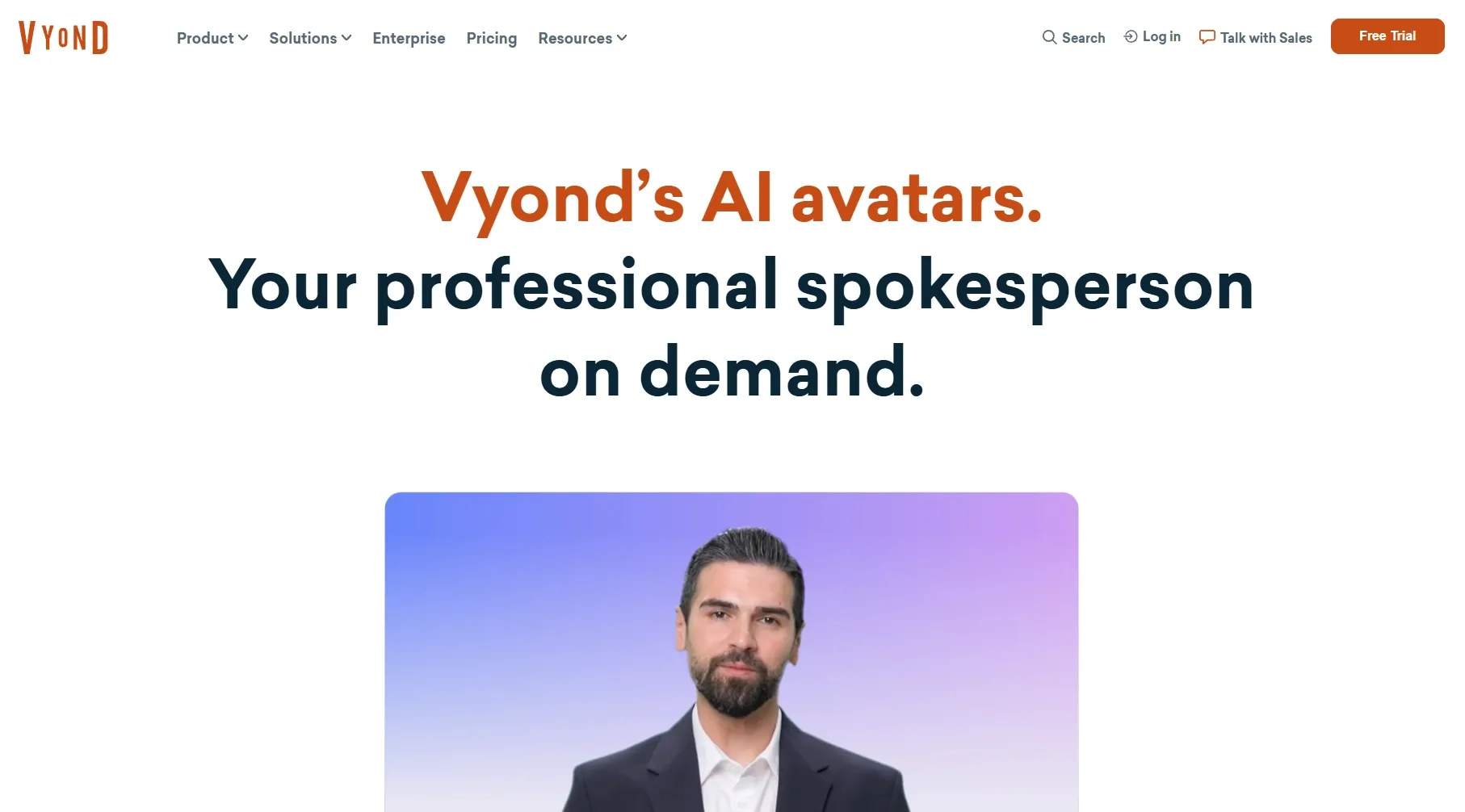 A man in a suit presenting Vyond's AI avatars service.