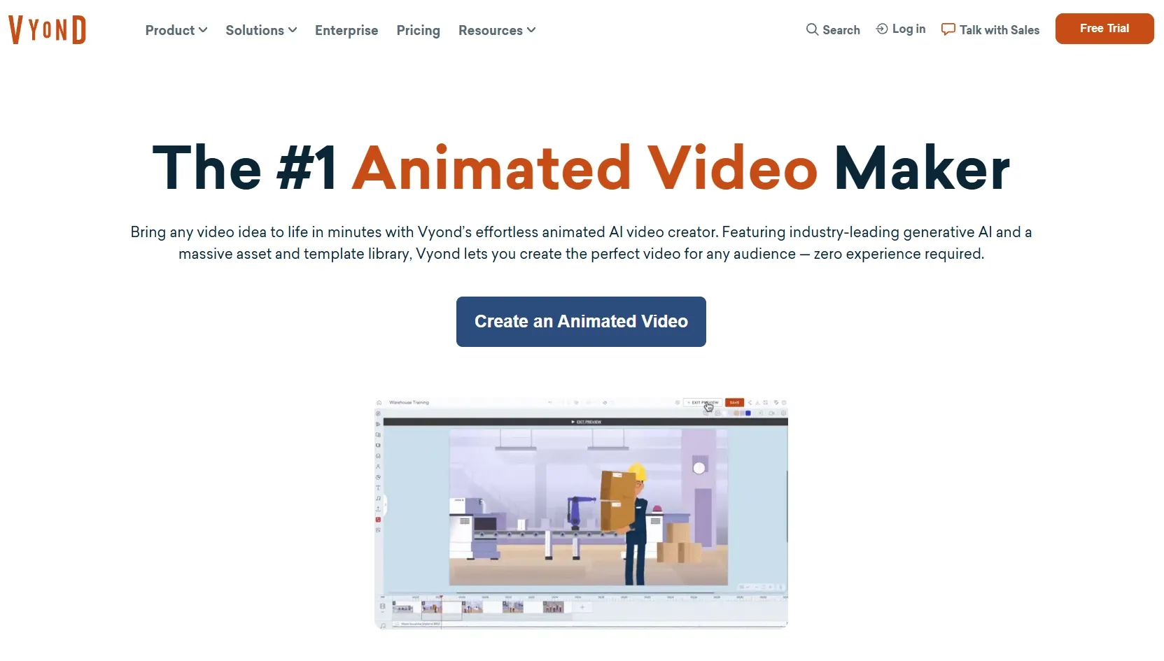 Vyond's animated video maker interface showcasing a character carrying a box.