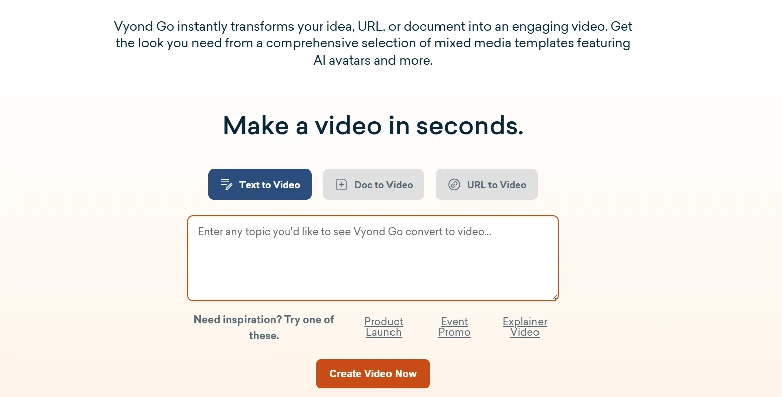 Vyond Go interface for creating videos from text, documents, or URLs.