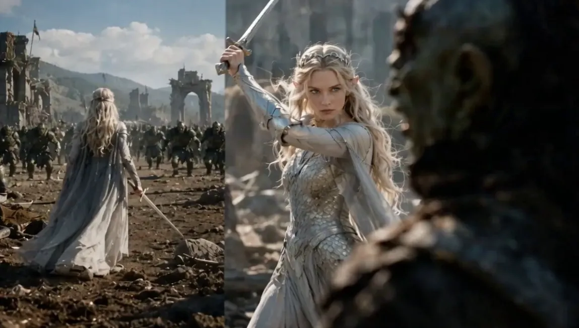 A warrior in silver armor prepares to fight against an approaching army.