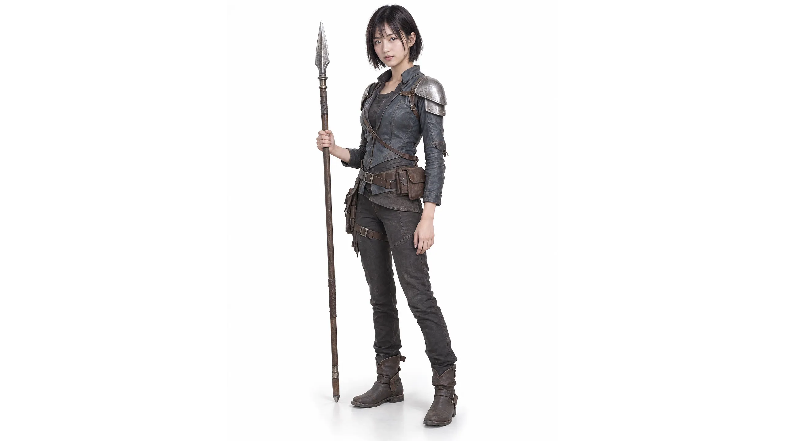 A warrior in dark attire holds a spear, standing confidently.