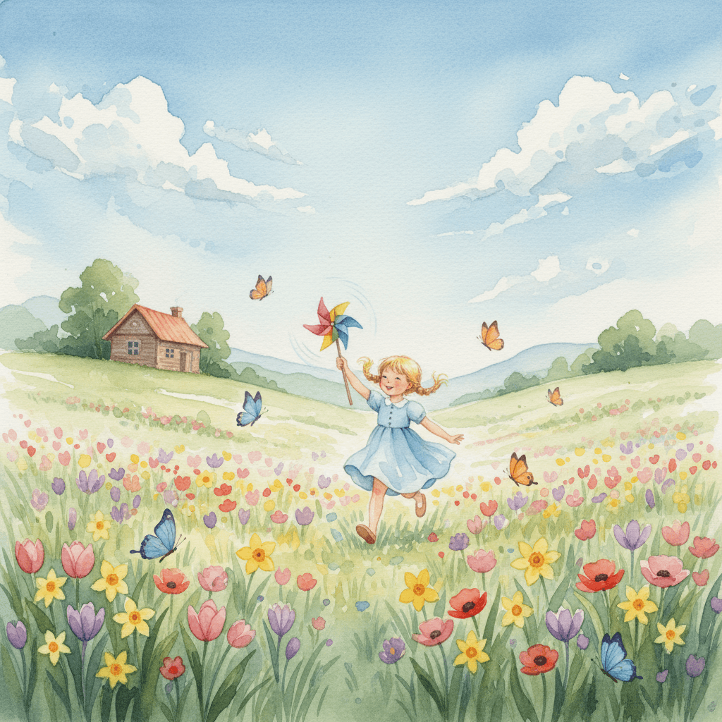 春の花を走り抜ける小さな女の子