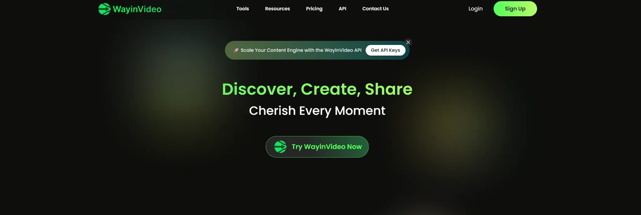 WayinVideo homepage featuring tools for content creation and sharing.