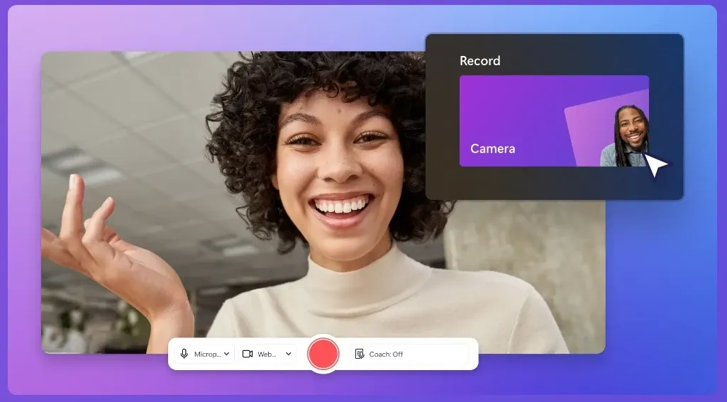 Video editor webcam recording interface with the camera recording option selected
