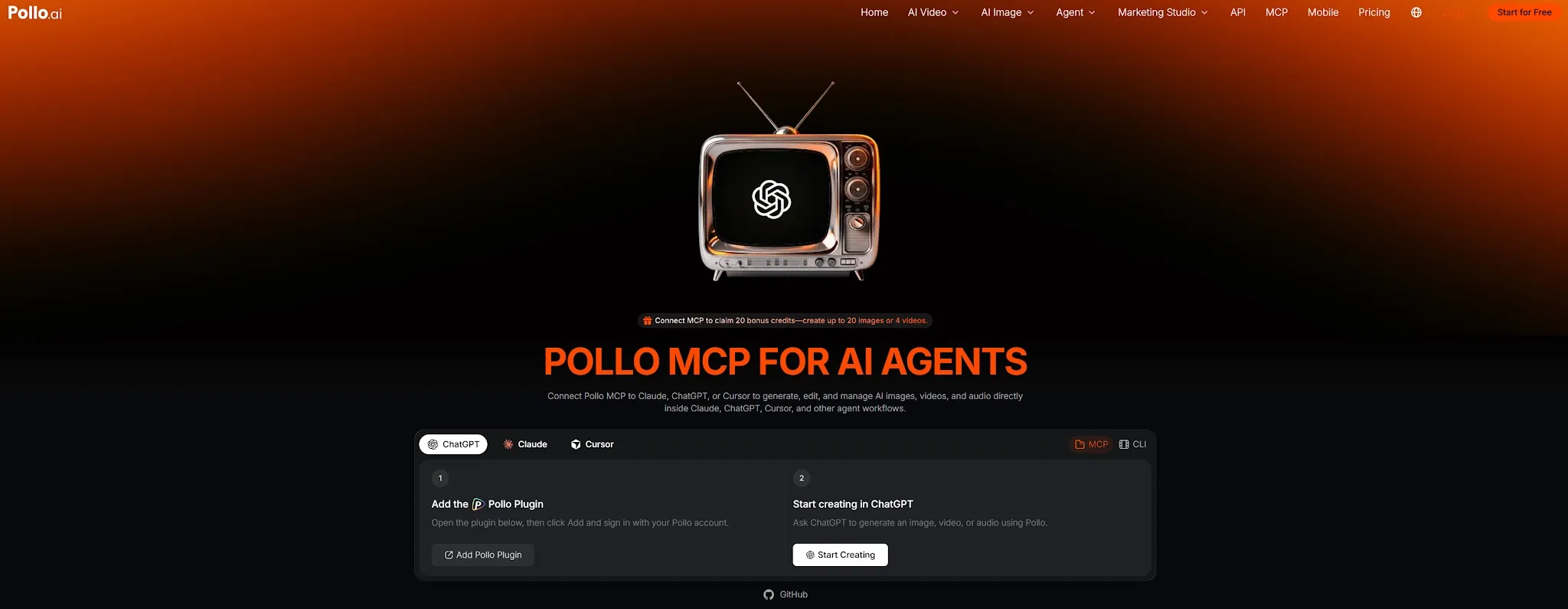 Website interface for Pollo MCP featuring AI tools and options for integration.