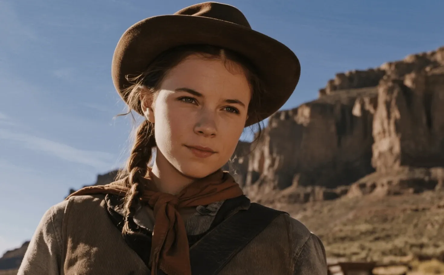 Portrait of young western cowgirl with canyon cliff scenery under clear blue sky