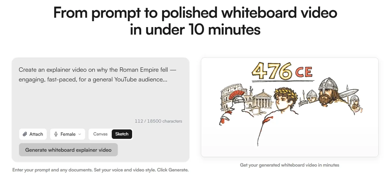 A whiteboard video creation interface for explaining the fall of the Roman Empire.
