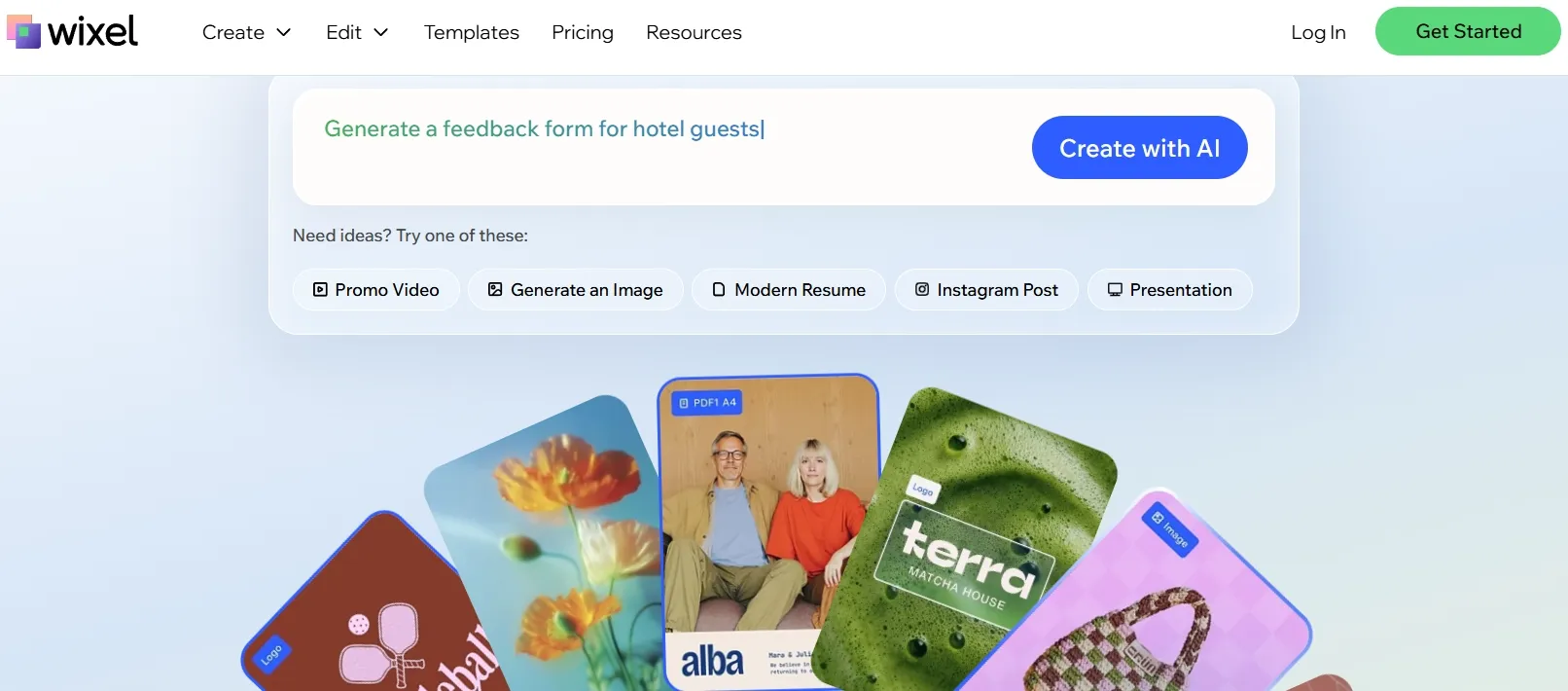 Wixelのインターフェースに、フィードバックフォームとテンプレートを作成するためのオプションが表示されています。