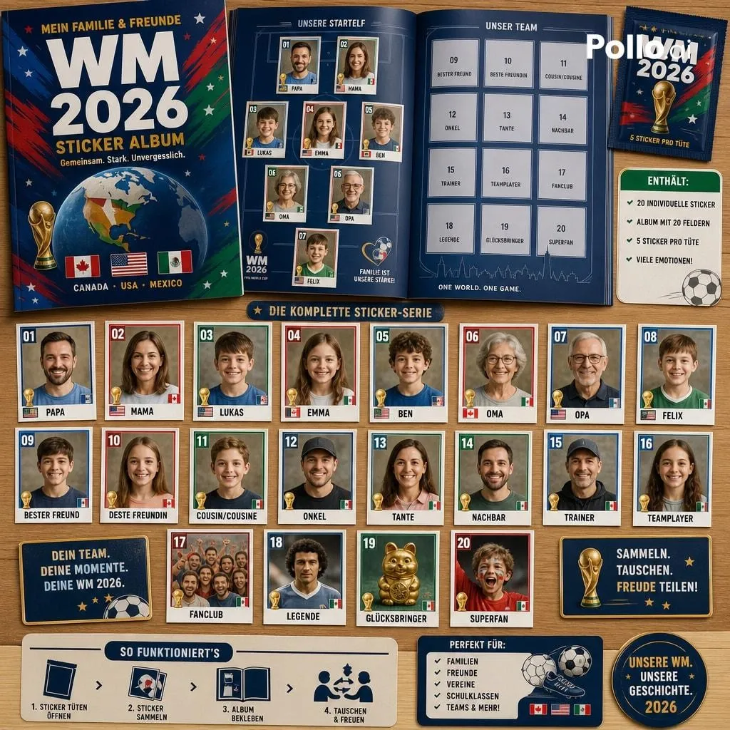 WM-Sticker Aus Familie oder Freunden eine komplette Sticker-Serie machen und ein eigenes Mini-Sammelalbum gestalten