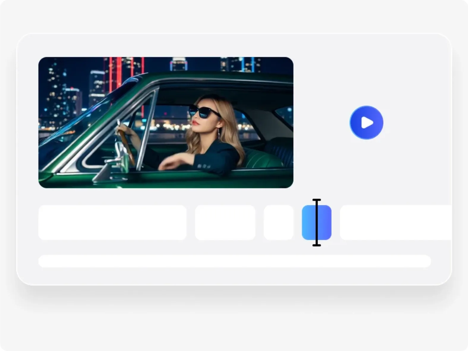 Eine Frau mit Sonnenbrille sitzt nachts in einem grünen Auto vor der Skyline einer Stadt.