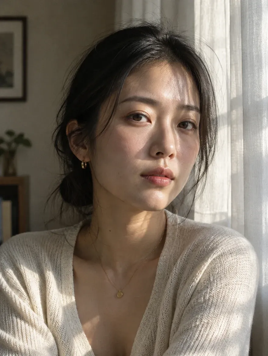 A woman with long hair sits by a window, wearing a cozy sweater and a delicate necklace.