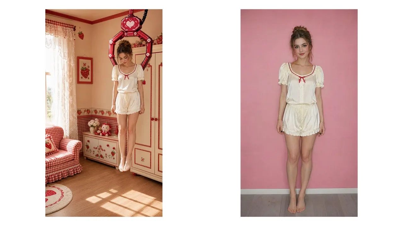A woman in cream pajamas stands beside a pink wall and a vintage room.