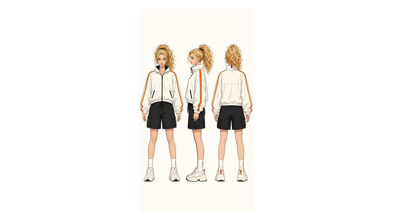 A woman in a sporty outfit with a white jacket and black shorts, shown from three angles.
