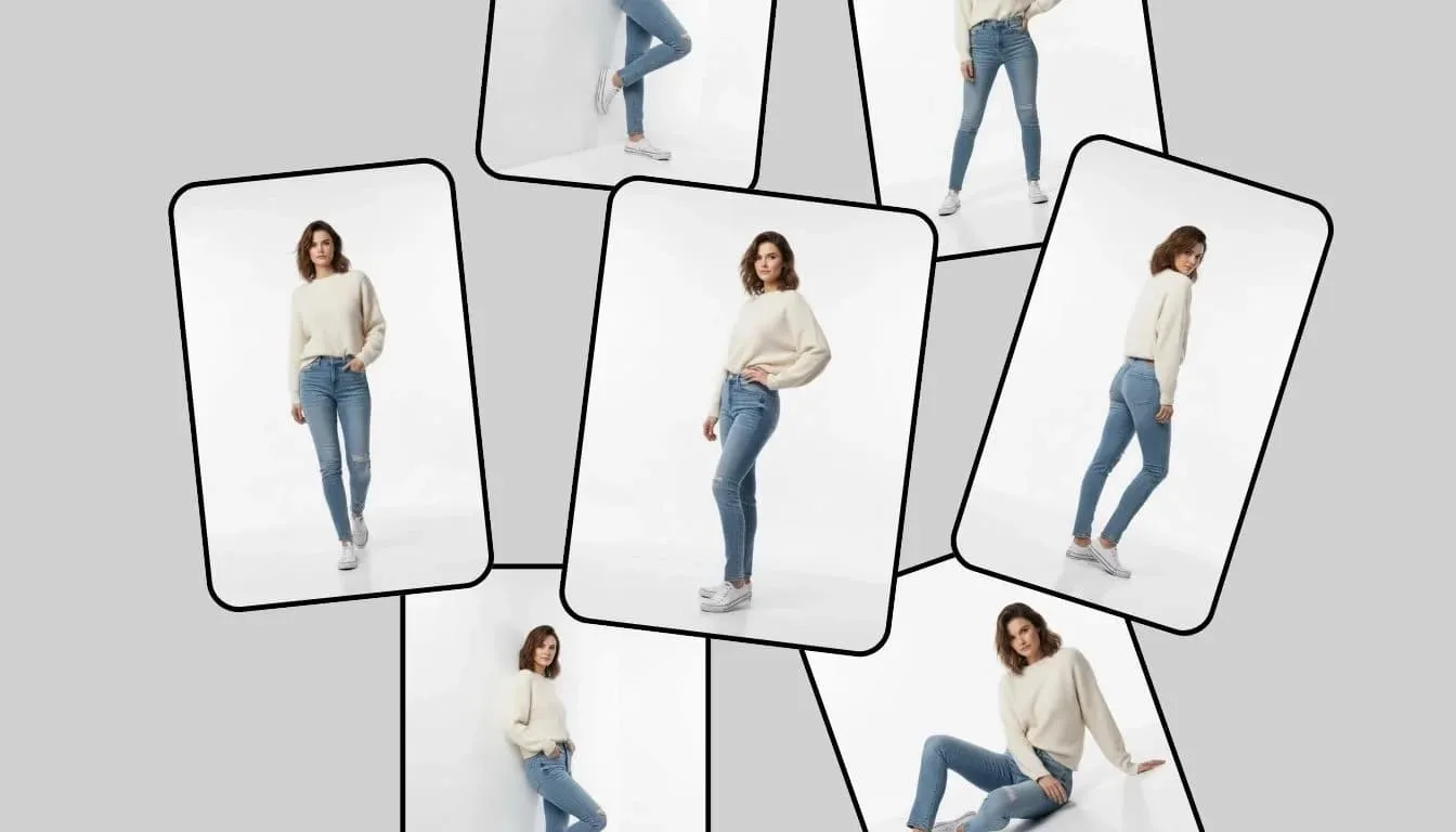 Eine Frau posiert in verschiedenen Outfits, darunter ein Pullover und Jeans.