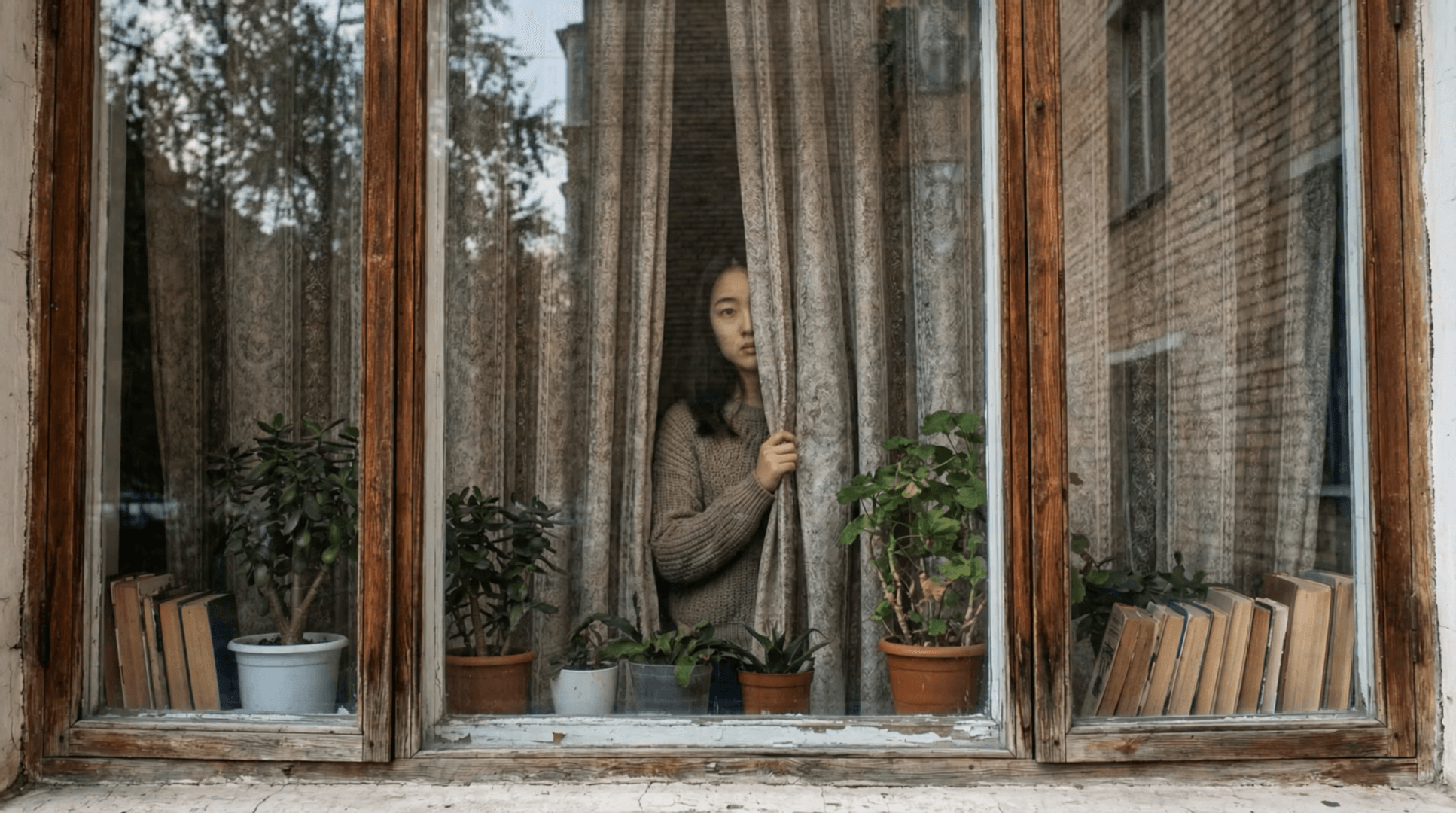 Una mujer mira hacia el exterior a través de unas cortinas corridas, con plantas en maceta y libros en el alféizar de la ventana.