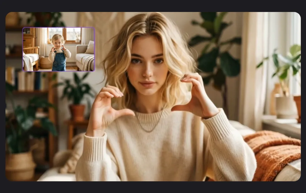 Een vrouw met golvend haar maakt met haar handen een hartvorm en glimlacht.