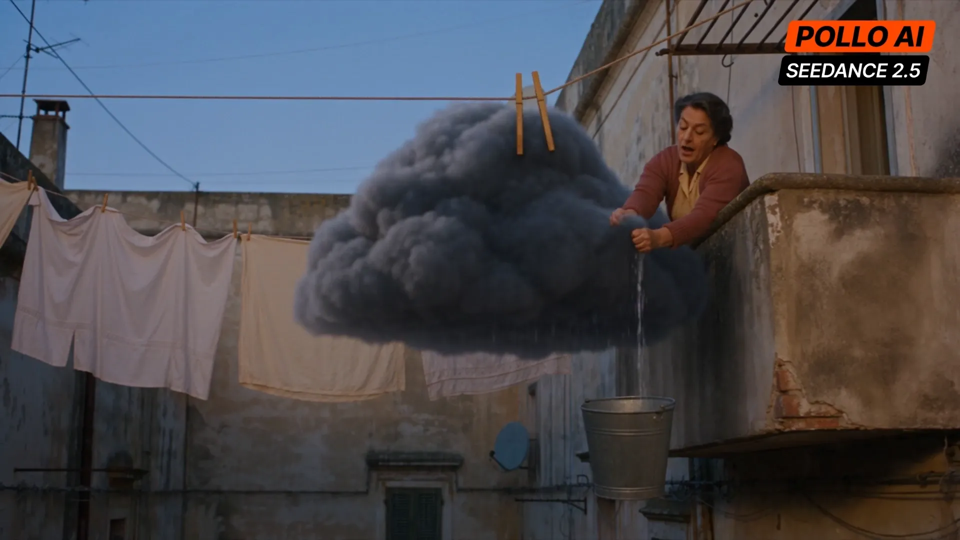 A woman pours water from a cloud into a bucket from a balcony.