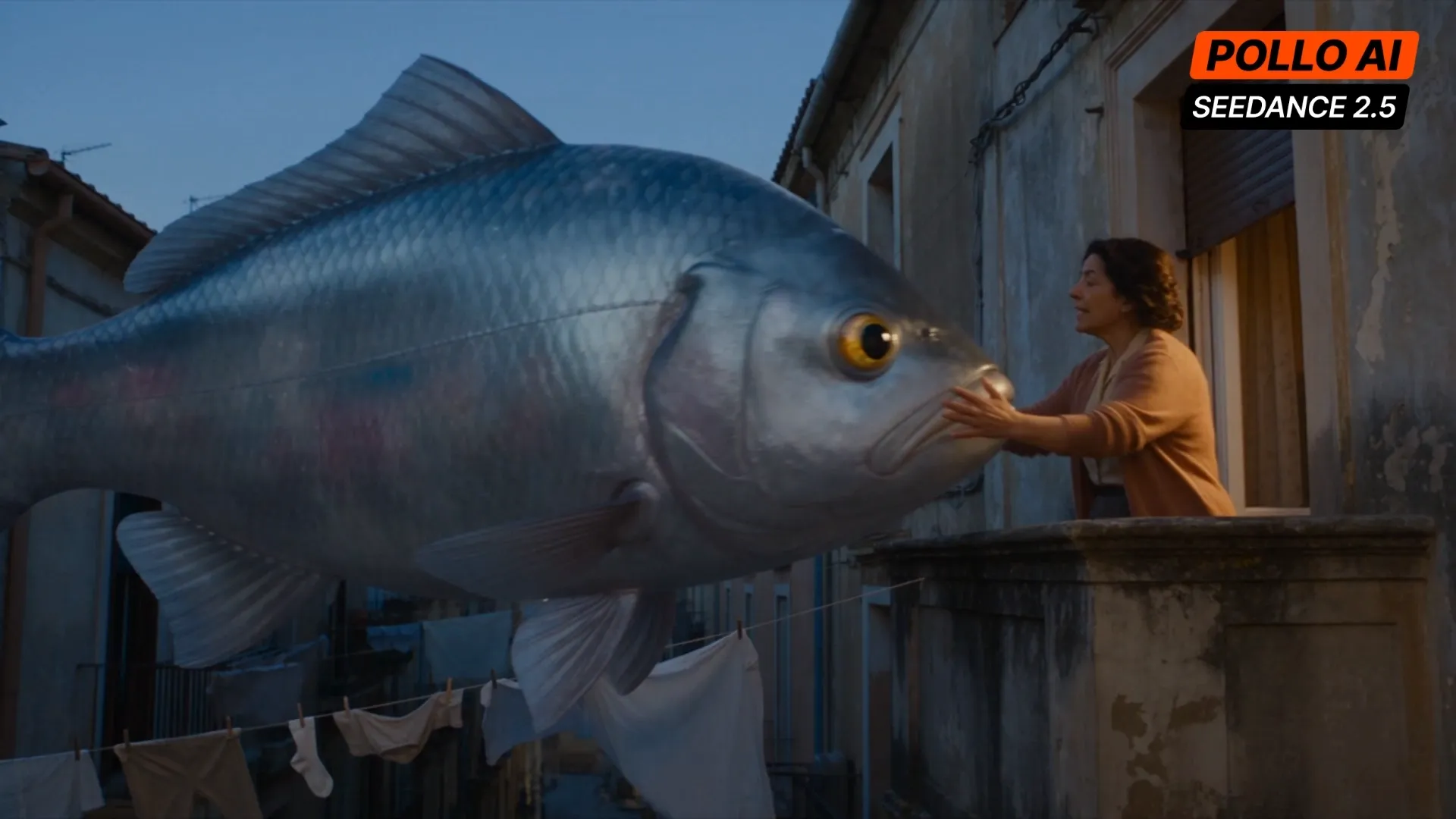 A woman reaches out to a giant fish hovering near her balcony.