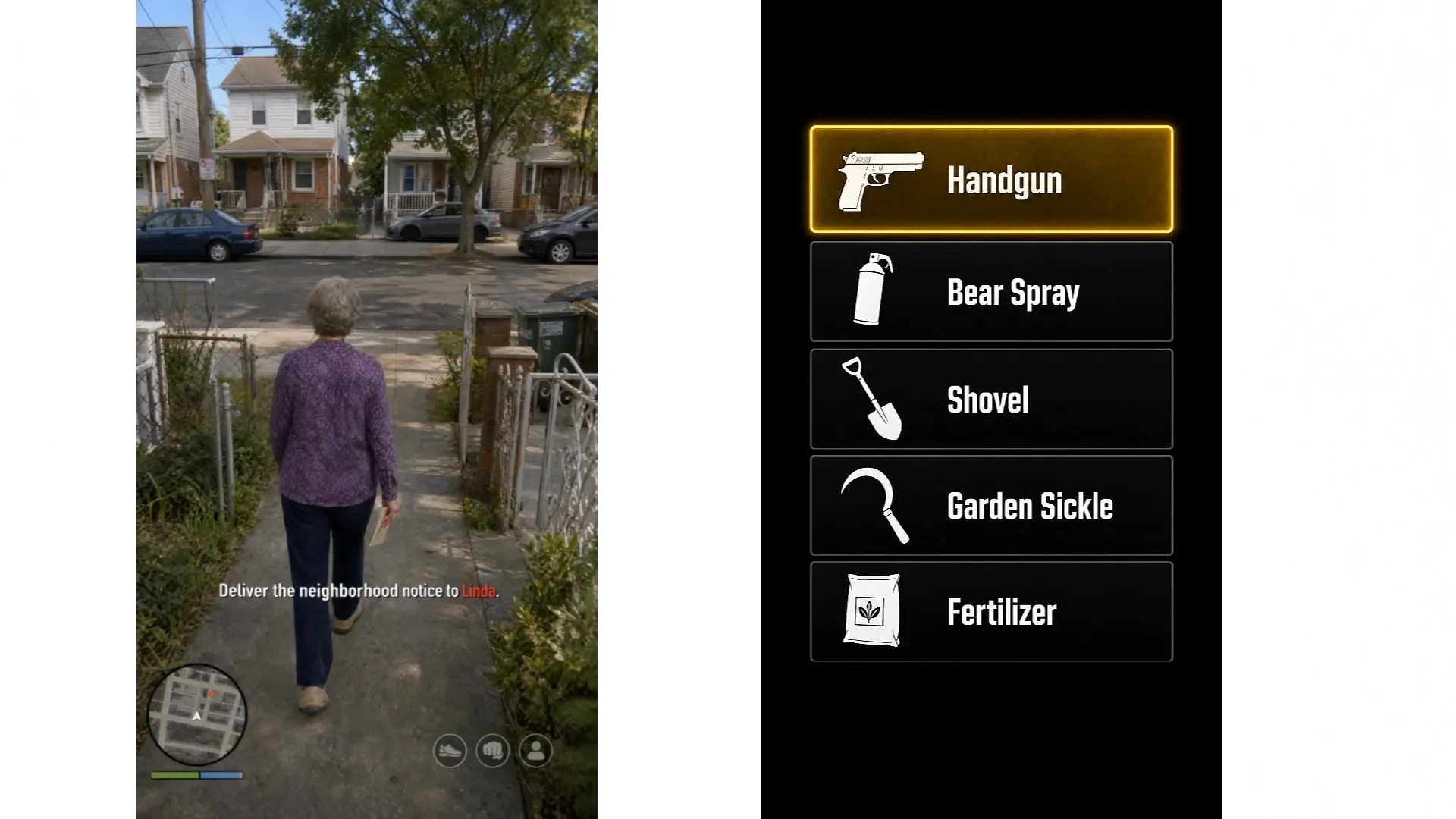 A woman walks down a sidewalk with houses in the background.