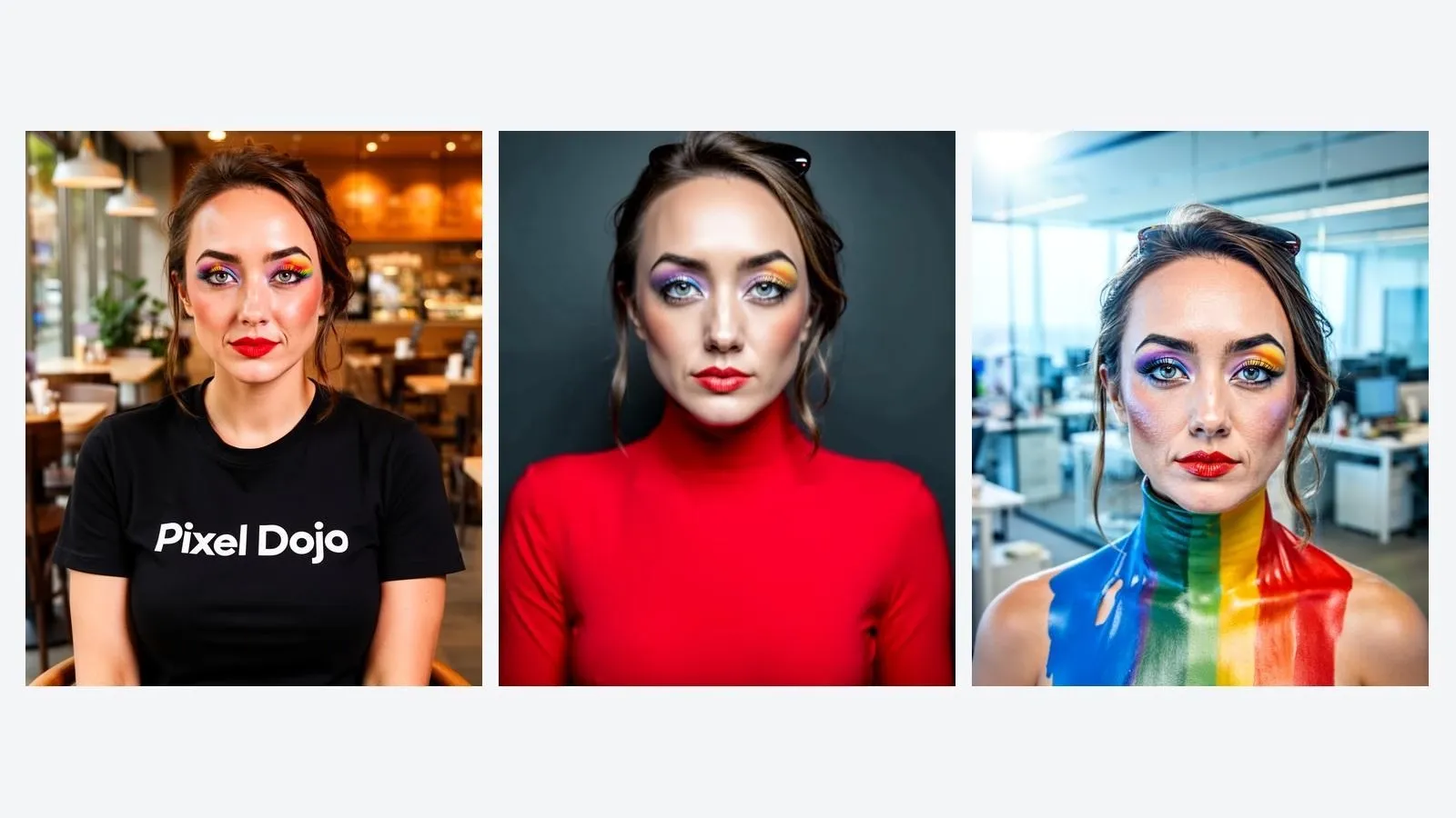 Een vrouw met levendige make-up poseert in drie verschillende outfits.