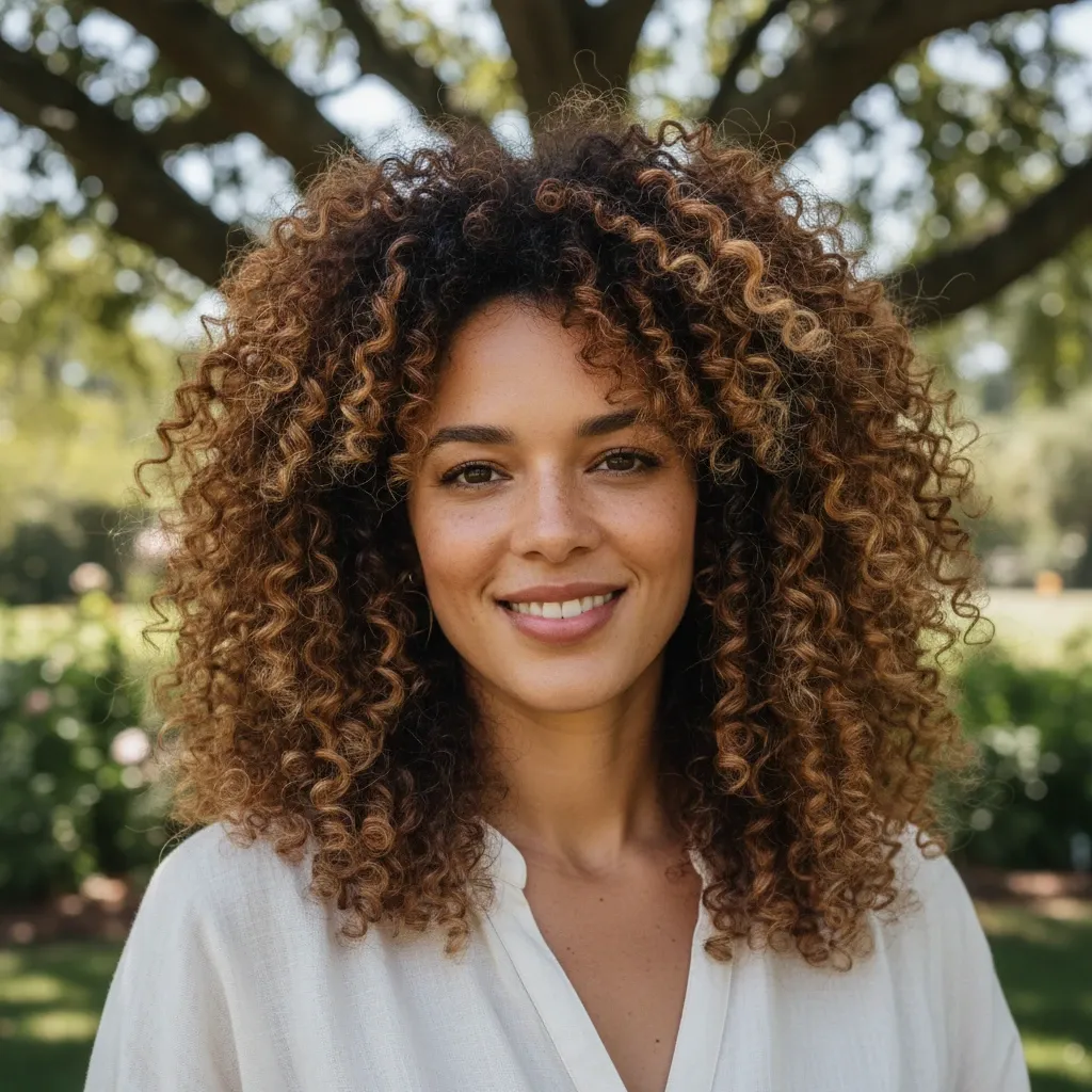 Une femme souriante aux cheveux bouclés volumineux debout à l'extérieur sous un arbre