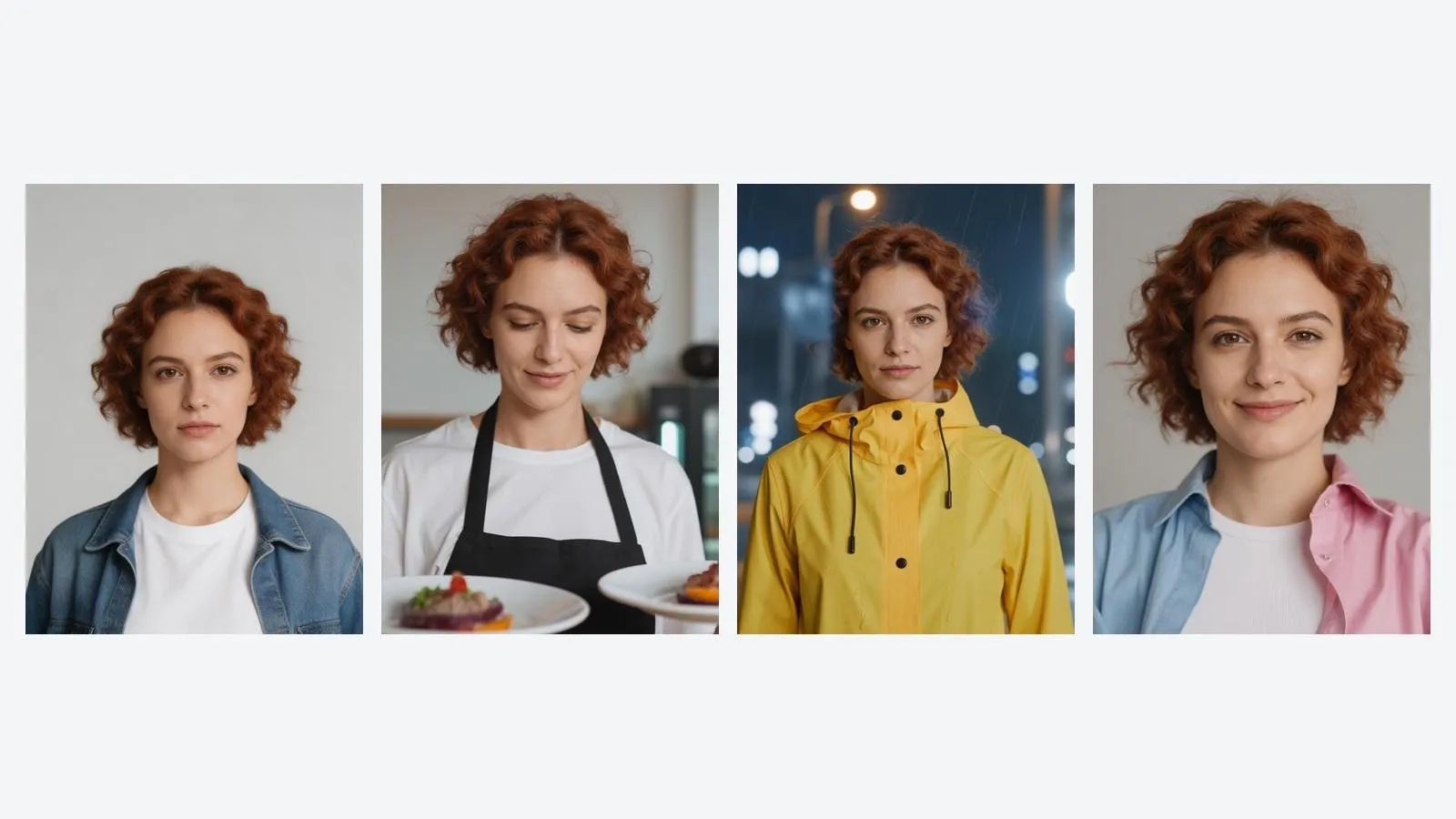 Een vrouw met krullend haar poseert in vier verschillende outfits en settings.