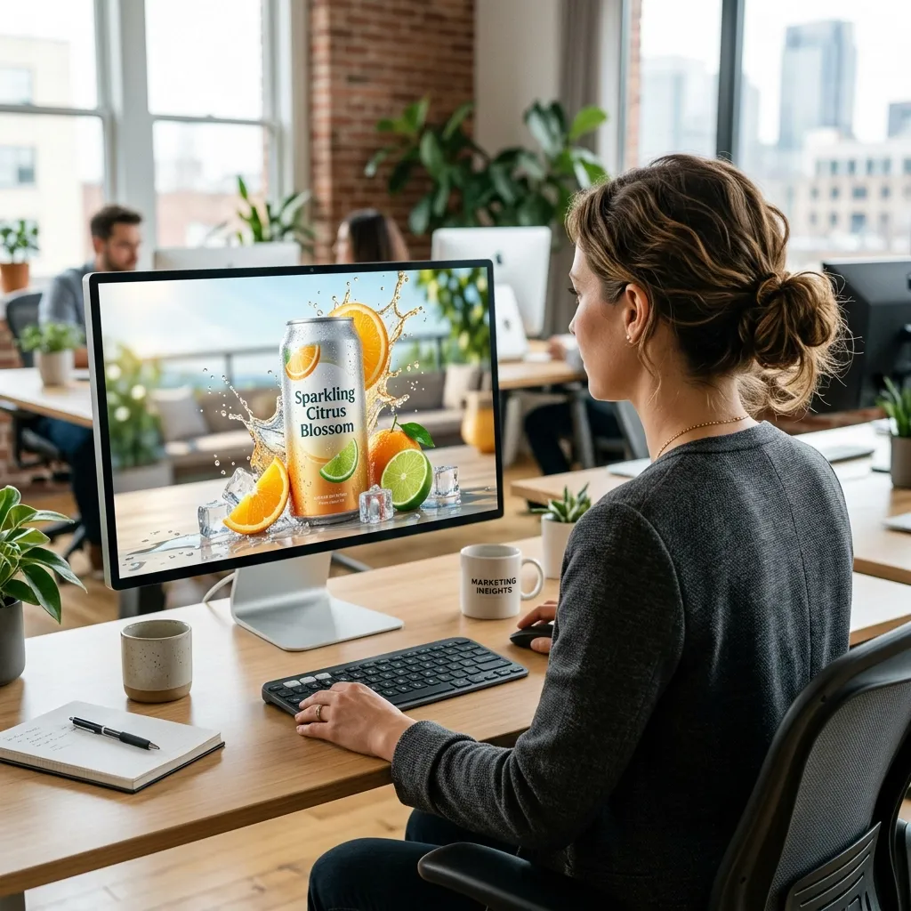 女性がパソコンの画面に表示されたスパークリングシトラスブロッサムの缶を眺めている。