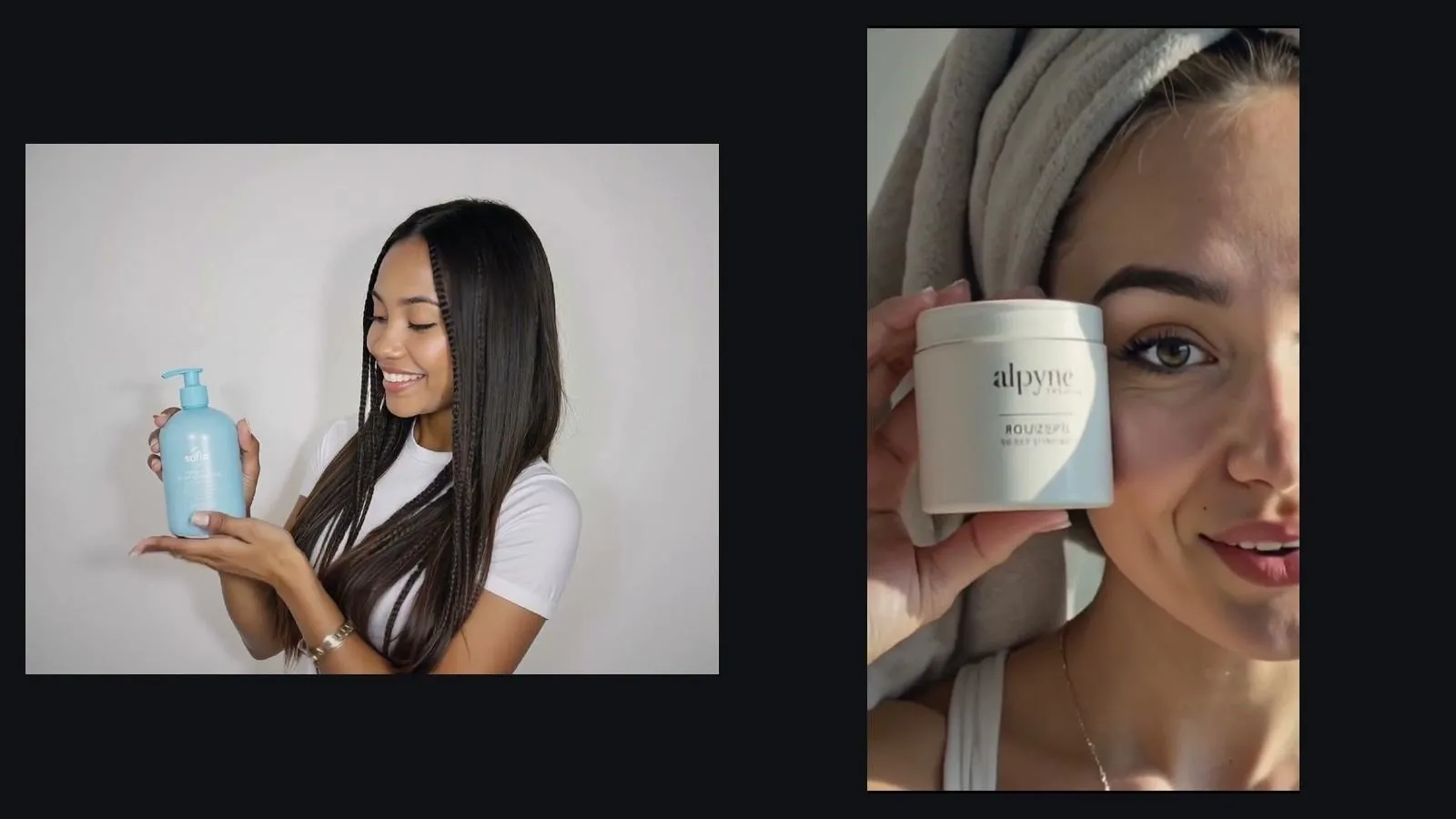 Twee officiële Pyksel-voorbeelden van productadvertentievideo's met presentator in de hoofdrol.