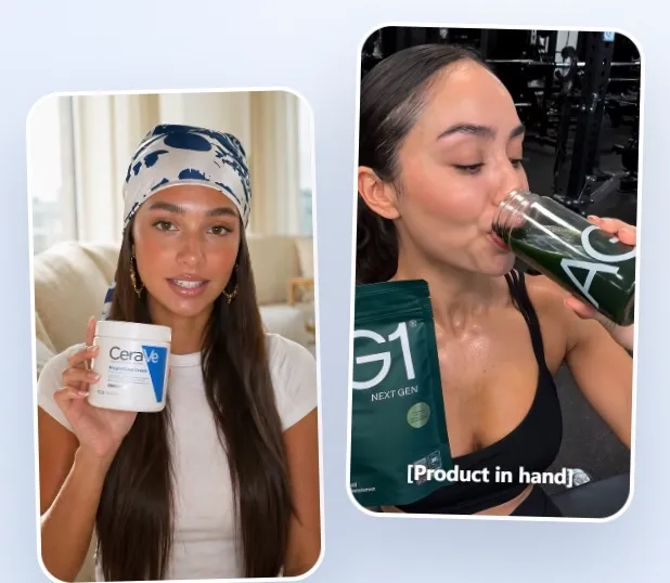 Two women showcasing skincare and health products in different settings.